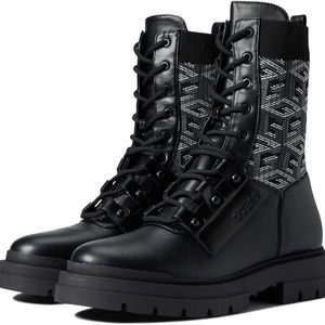 Guess Black Lace-Up Combat Boots with Monogram Knit Panels